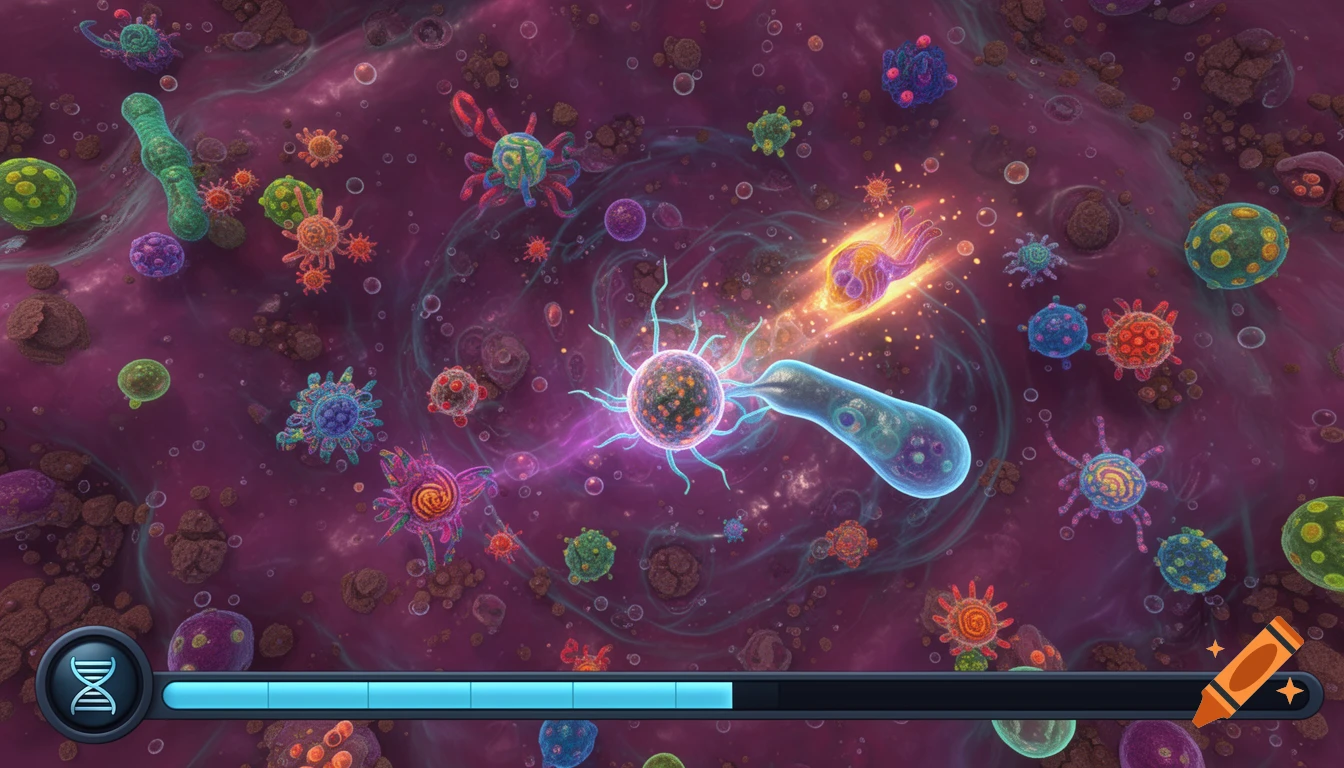 A top-down view of a vibrant microscopic world teeming with colorful microorganisms, featuring a game UI with a DNA helix button and a progress bar.