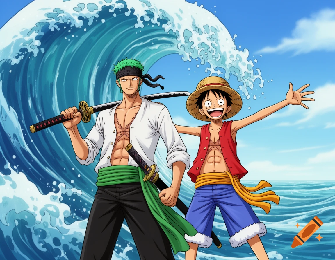 Zoro and Luffy, in anime style, stand confidently in front of a large blue ocean wave under a clear sky.