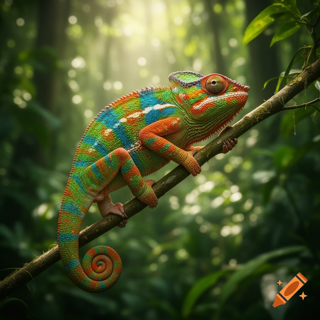 A vibrantly colored chameleon, green, blue, and orange, perches on a mossy branch in a sun-dappled tropical forest. Photorealistic.