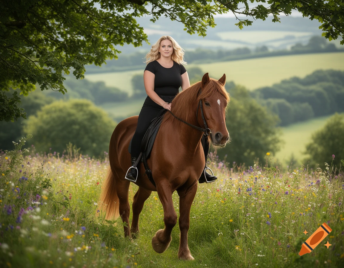 A blonde woman in black rides a brown horse through a sunny wildflower meadow with green hills in the background. Photorealistic style.