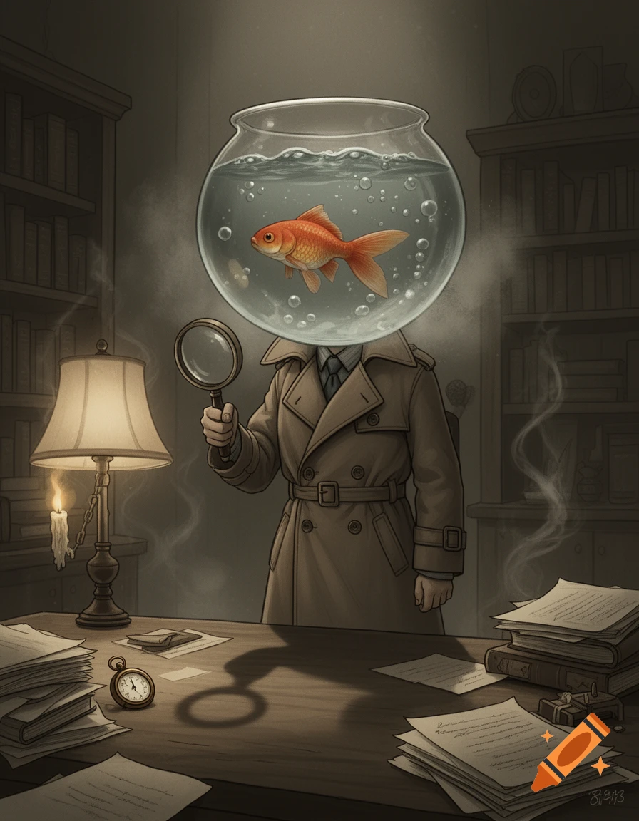 Illustrated image of a detective with a fishbowl head containing a goldfish, holding a magnifying glass at a messy desk in a dim study.