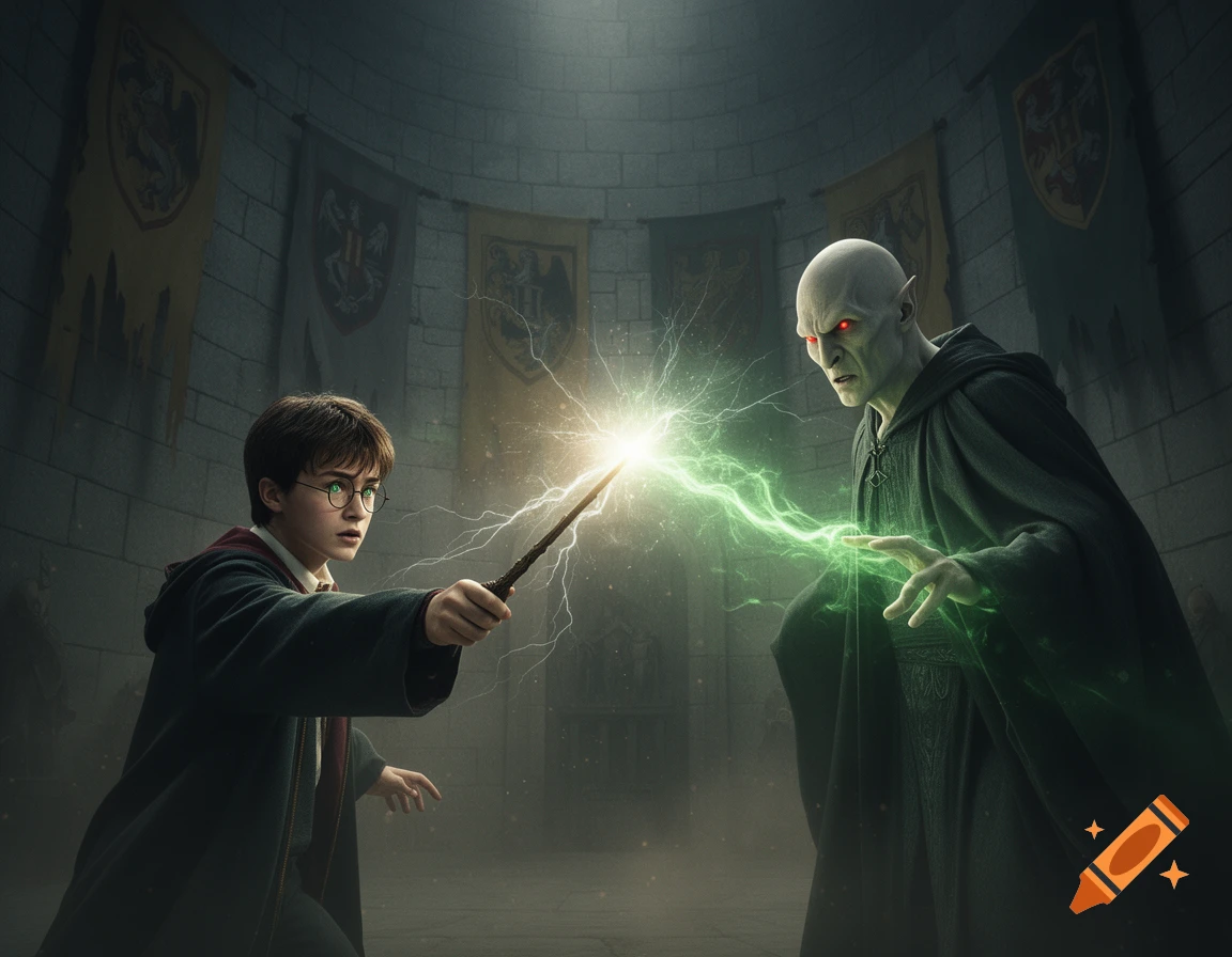 Harry Potter and Voldemort duel with wands, casting green and white spells in a dark, stone chamber.