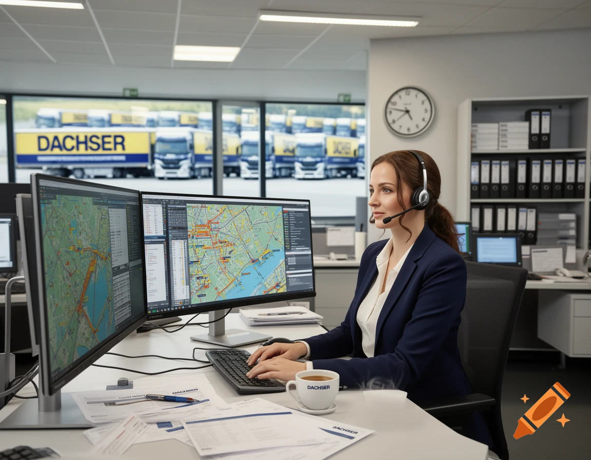 A woman in a suit with a headset works at a desk with multiple map-displaying monitors, with logistics trucks visible outside a window.