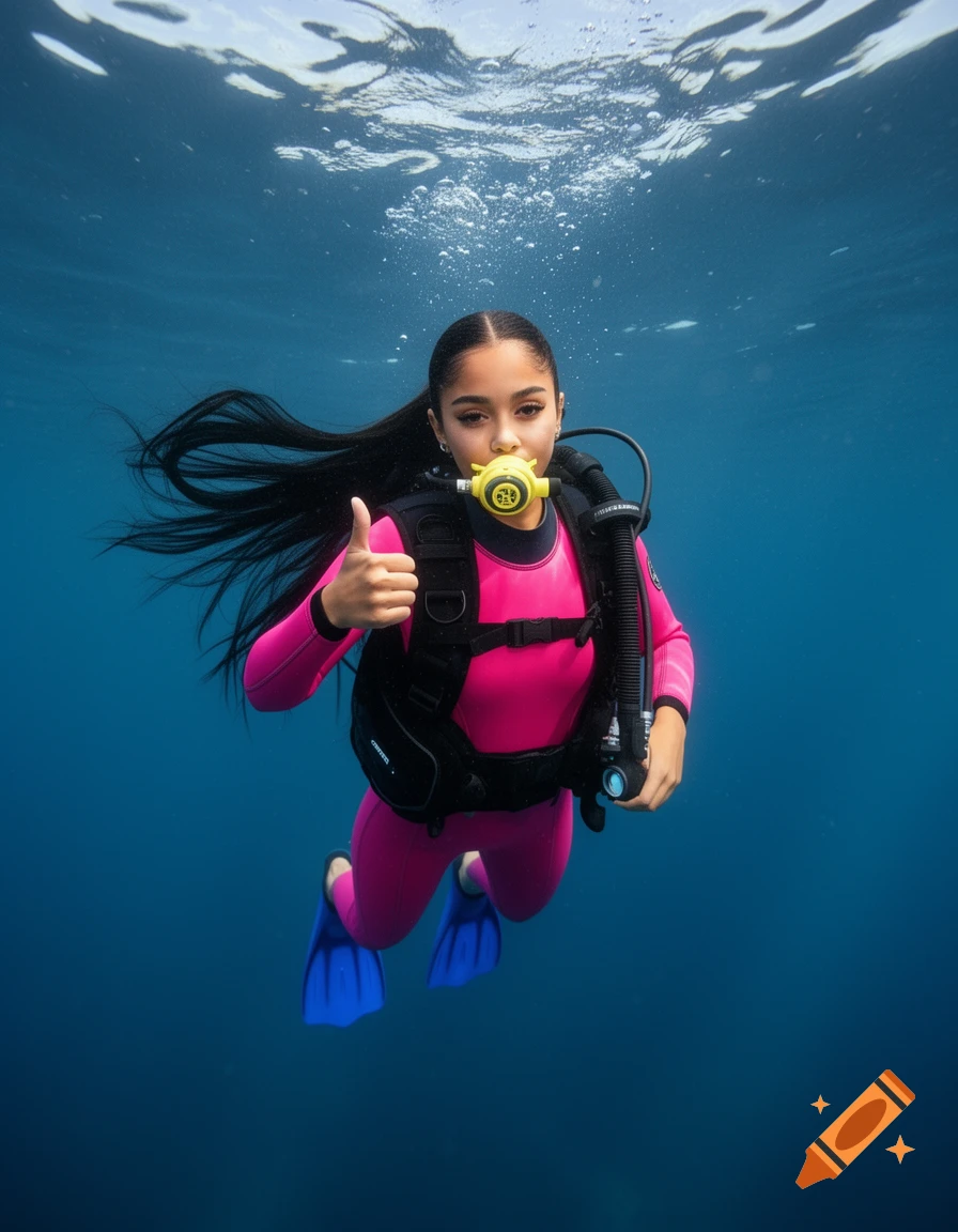 A woman resembling Ariana Grande in a pink wetsuit, black scuba gear, and blue fins gives a thumbs up while diving underwater.