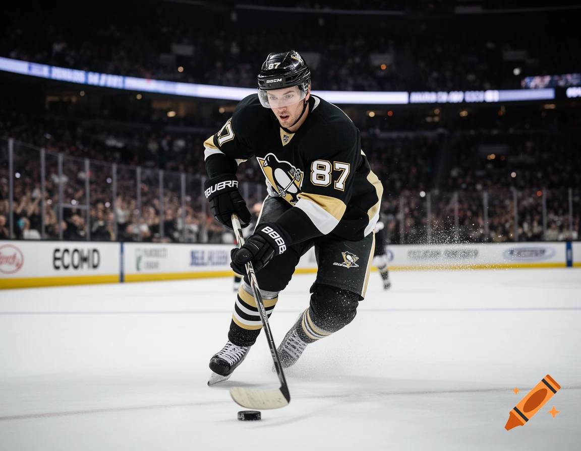 Photorealistic image of a hockey player in a black and gold jersey with number 87, skating on ice during a game.