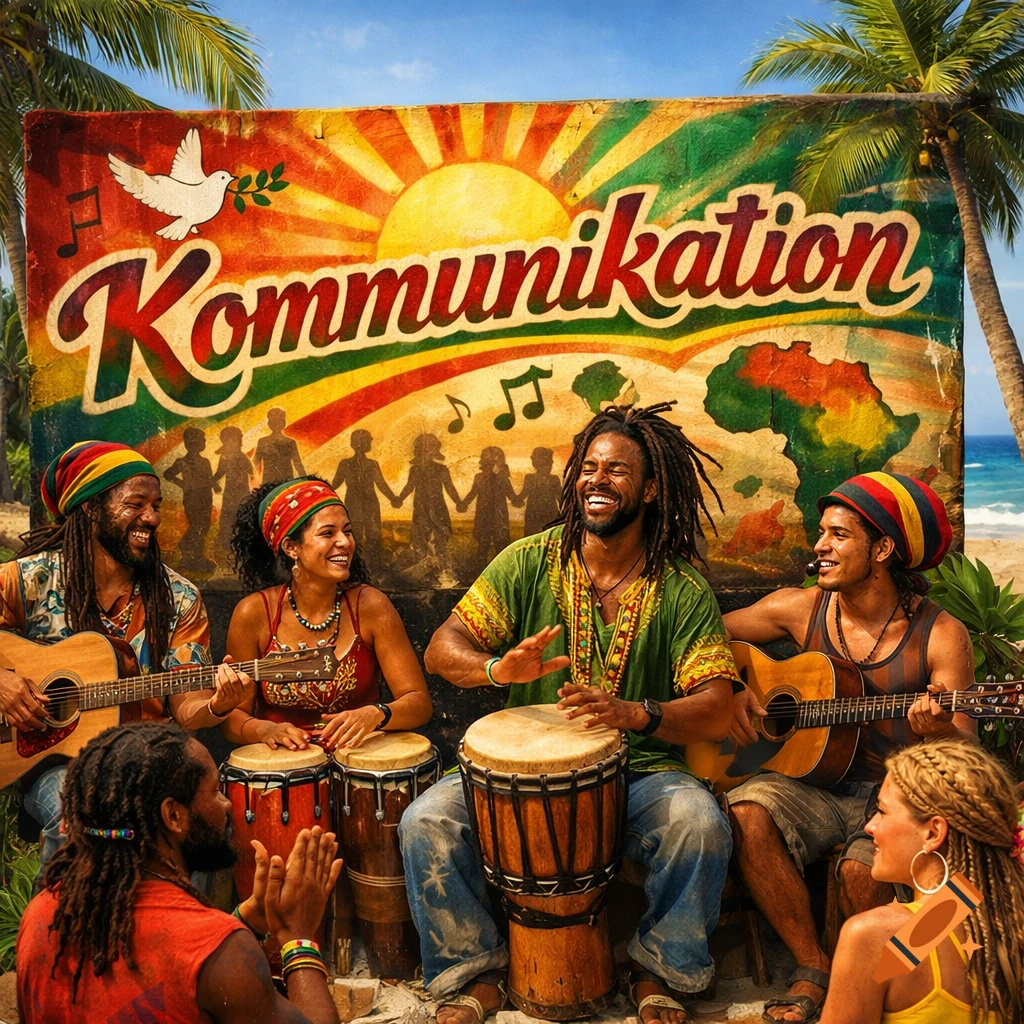 Diverse group playing reggae music with guitars and drums on a sunny beach, with 'Kommunikation' banner.