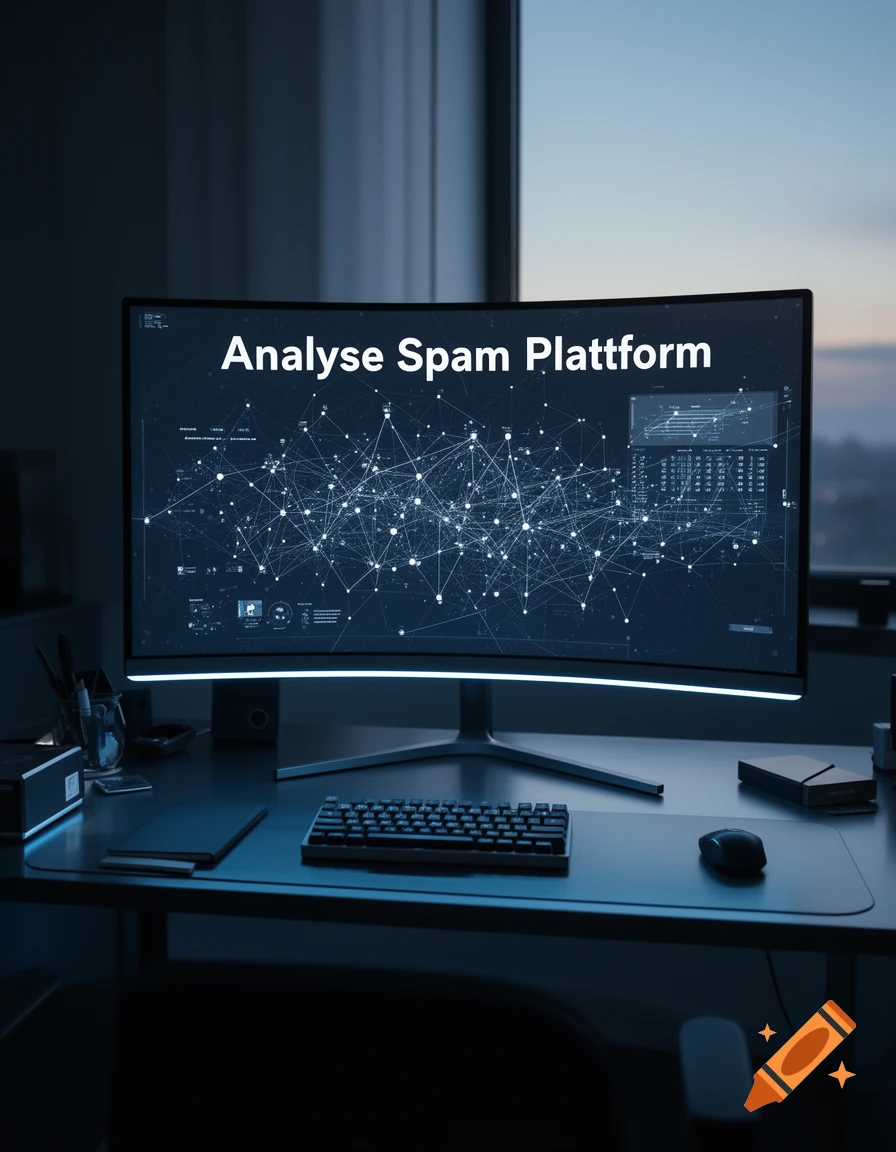 A dark, modern office desk with a curved monitor displaying 'Analyse Spam Plattform' and a network graph, a keyboard, and mouse.