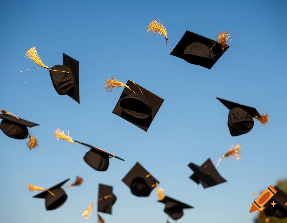 Multiple black graduation caps with gold tassels fly against a clear blue sky, photorealistic.
