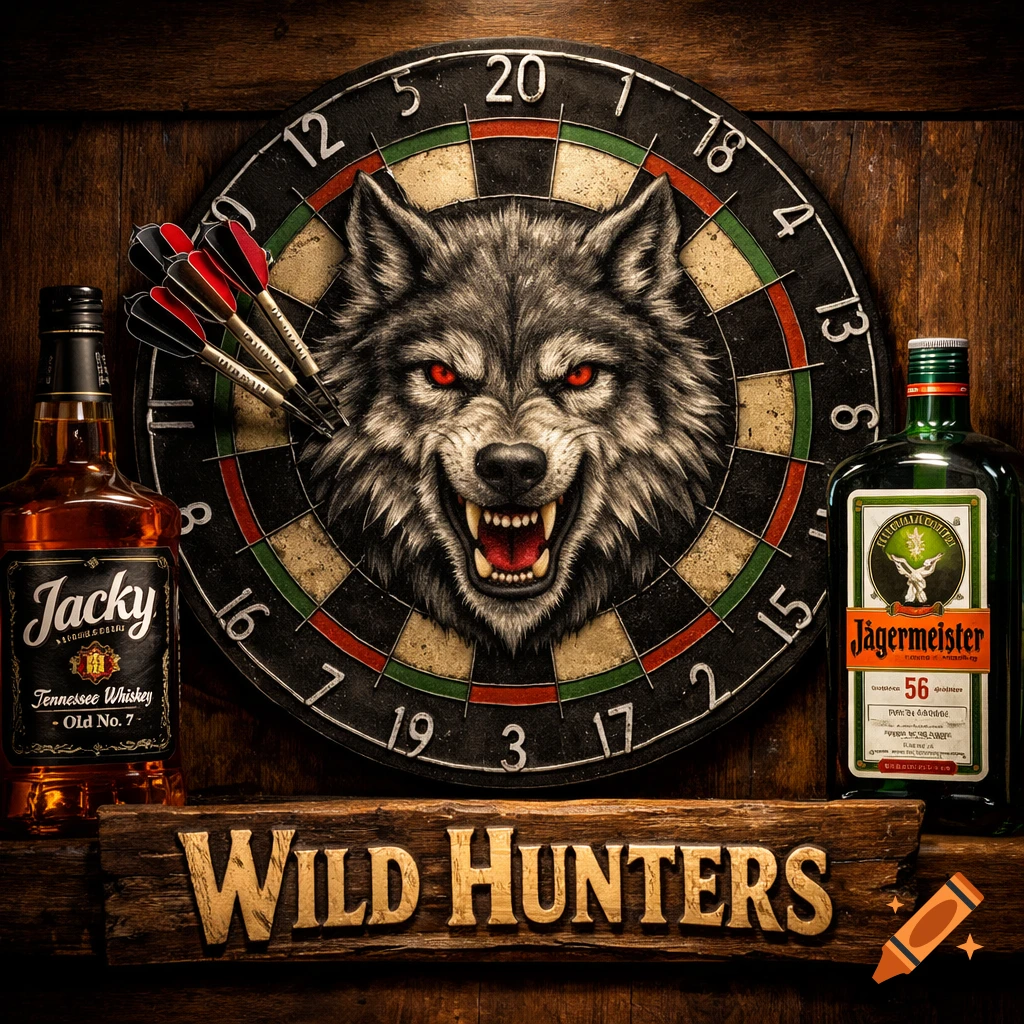 A dartboard with an angry wolf's head at its center, surrounded by numbers. Three darts are stuck in the '20' section. To the left is a bottle of 'Jacky' Tennessee Whiskey, and to the right is a bottle of Jägermeister. Below them, a wooden sign reads 'Wild Hunters'. The scene is set against a dark wooden background.