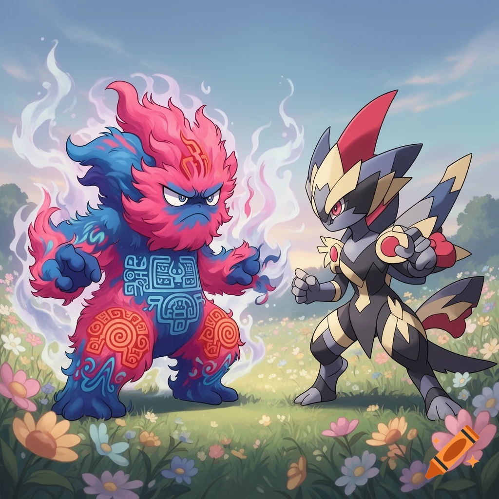 Two colorful, stylized fantasy creatures, one fuzzy pink and blue, the other black and gold, face each other in a vibrant flowery field.