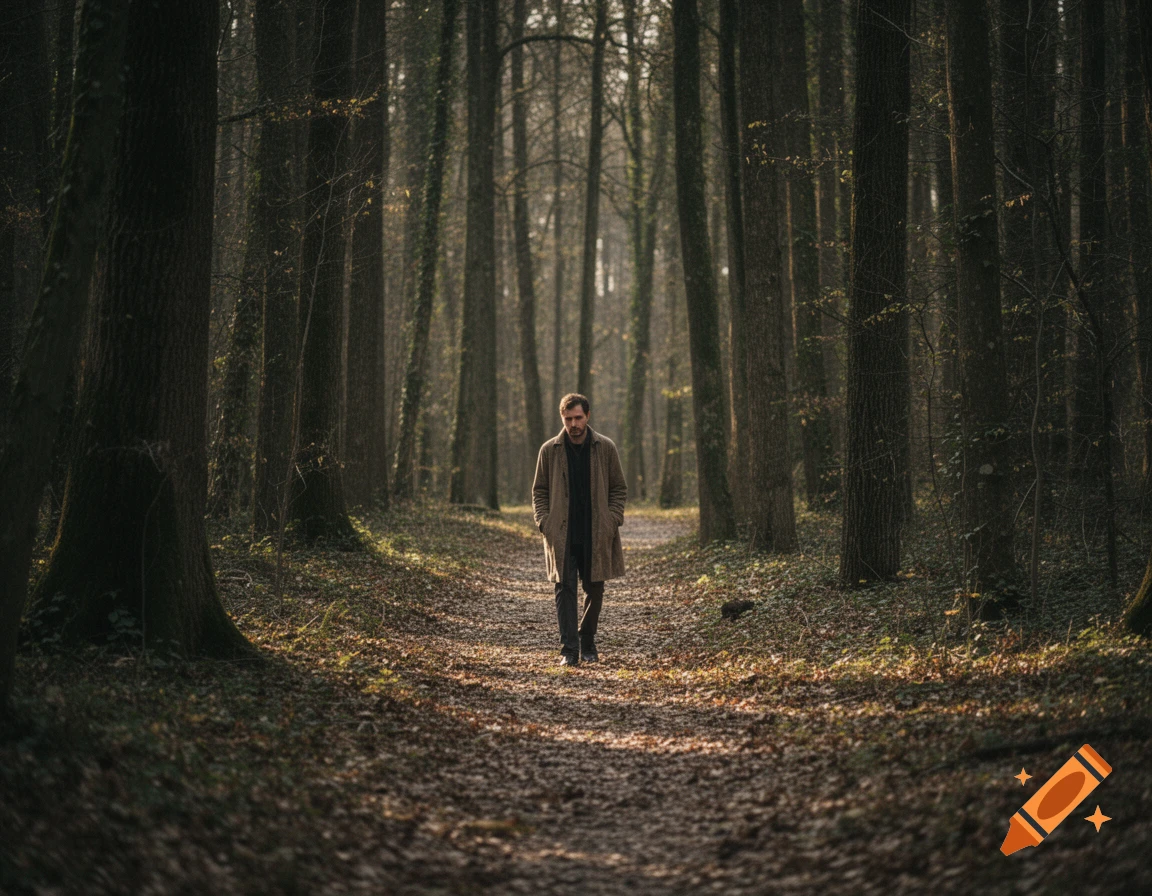 A man in a trench coat walks alone down a leaf-covered path through a dense, shadowy forest, with sunlight filtering through the trees.