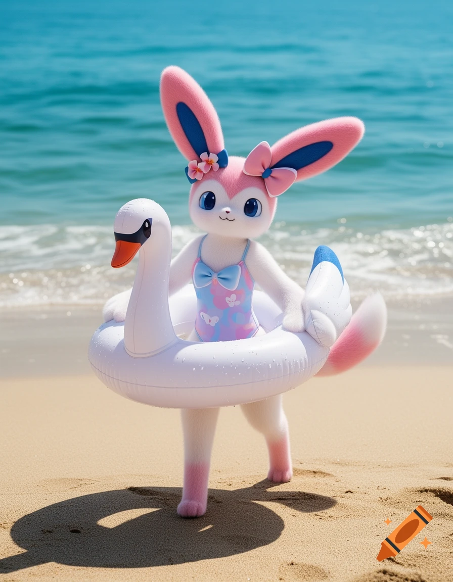 Sylveon in a swimsuit wearing a swan float ring stands on a sunny beach with the ocean in the background.