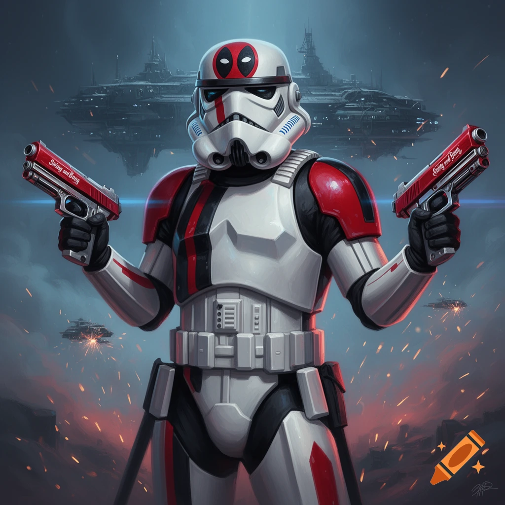 A Deadpool-themed Stormtrooper holds two pistols, standing in a sci-fi battle with a large spaceship in the background.