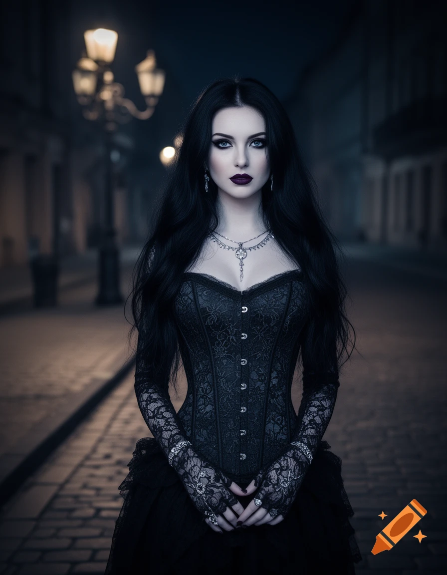 A pale woman with long black hair and dark makeup wears a black lace corset and gloves on a cobblestone street at night. Photorealistic.