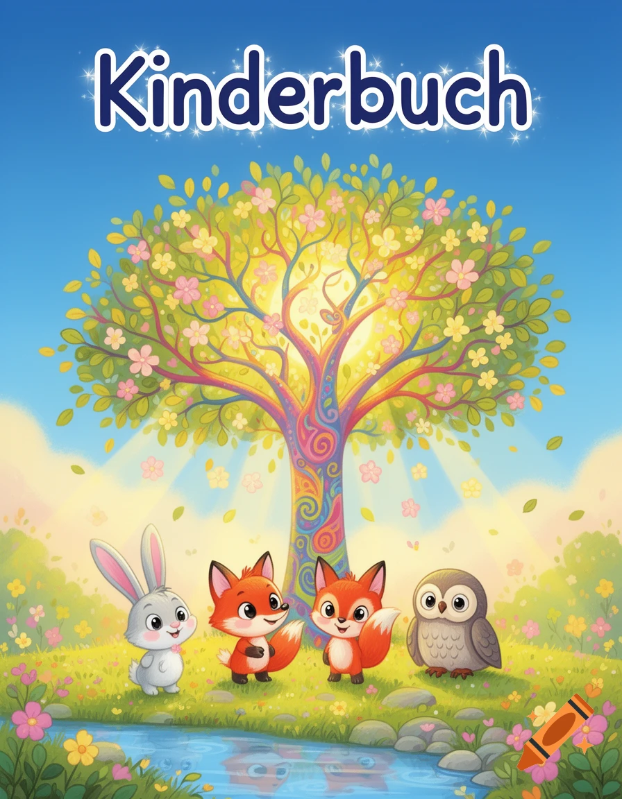 A cheerful cartoon children's book cover titled 'Kinderbuch,' showing a rabbit, two foxes, and an owl by a stream under a vibrant, flowering tree.