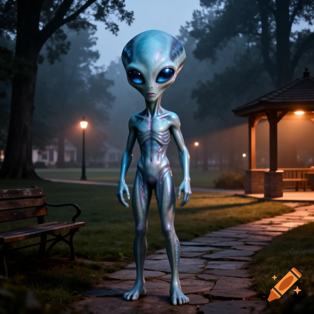 A photorealistic blue-skinned alien with large eyes stands on a stone path in a foggy park at dusk, with streetlights and a gazebo.