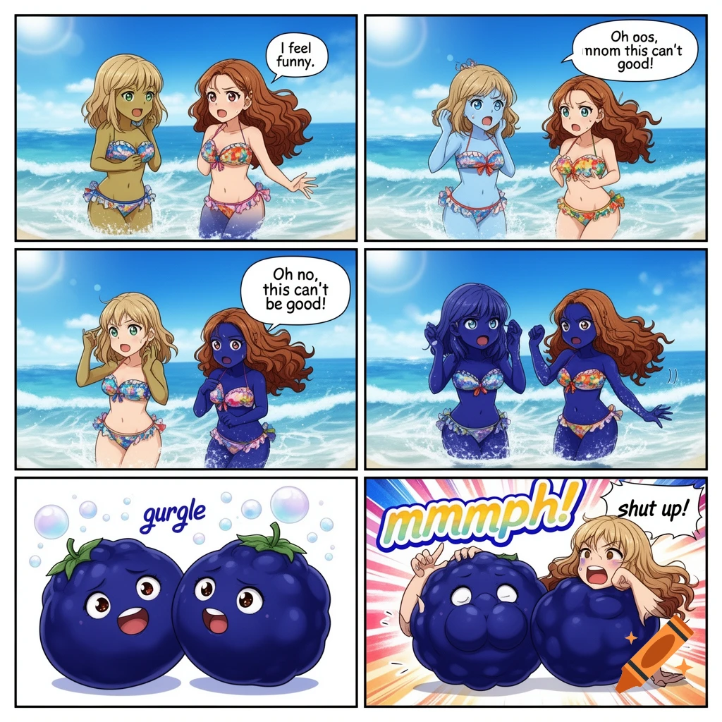 A 6-panel anime-style comic shows two women at the beach turning blue and swelling into large blueberries.