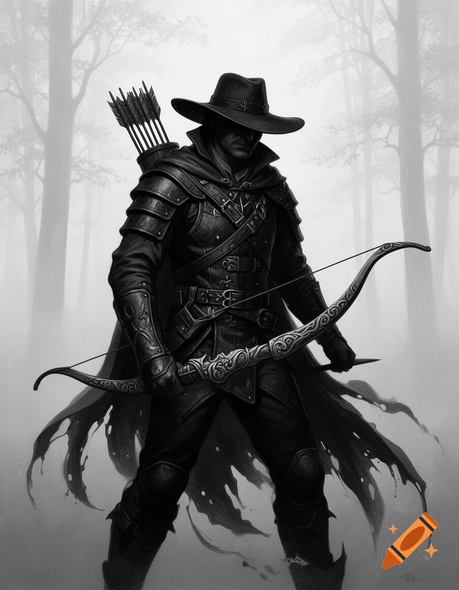 A dark fantasy ranger in a wide-brimmed hat, armor, and cloak holds a bow in a misty, monochrome forest. Stylized illustration.