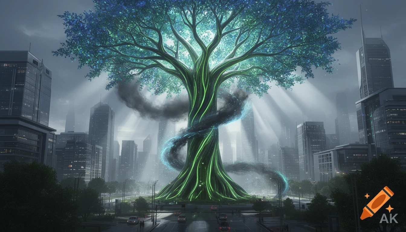 A majestic, glowing green and blue futuristic tree stands centrally in a modern city, absorbing dark smog into clear air.