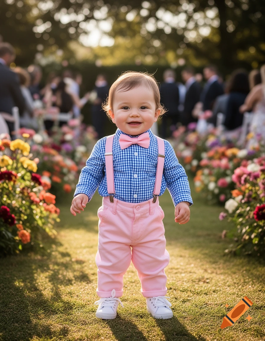 A photorealistic image of a smiling baby in a blue gingham shirt, pink suspenders, pink bowtie, and pink pants, standing in a sunny garden path at an outdoor event.