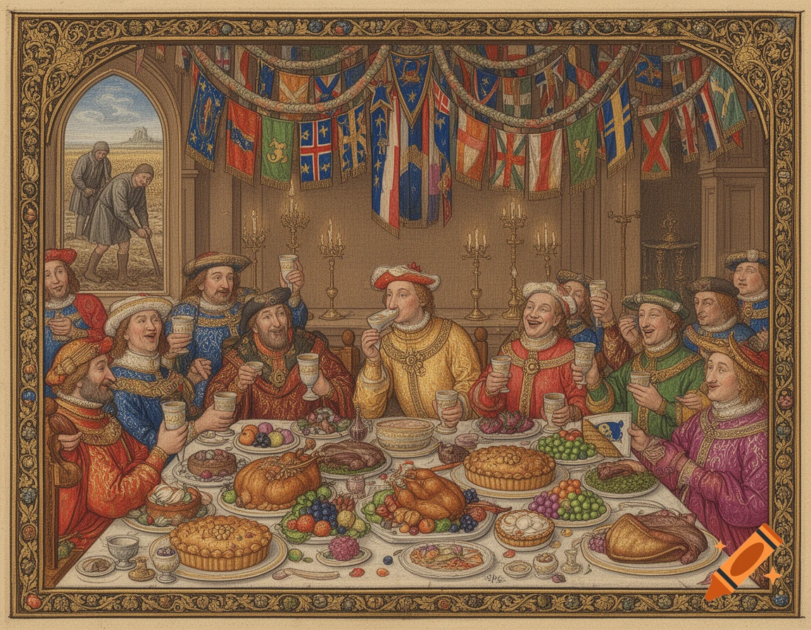 An ornate, medieval art style image of a grand banquet with nobles feasting on lavish food, juxtaposed with peasants laboring outside a window.