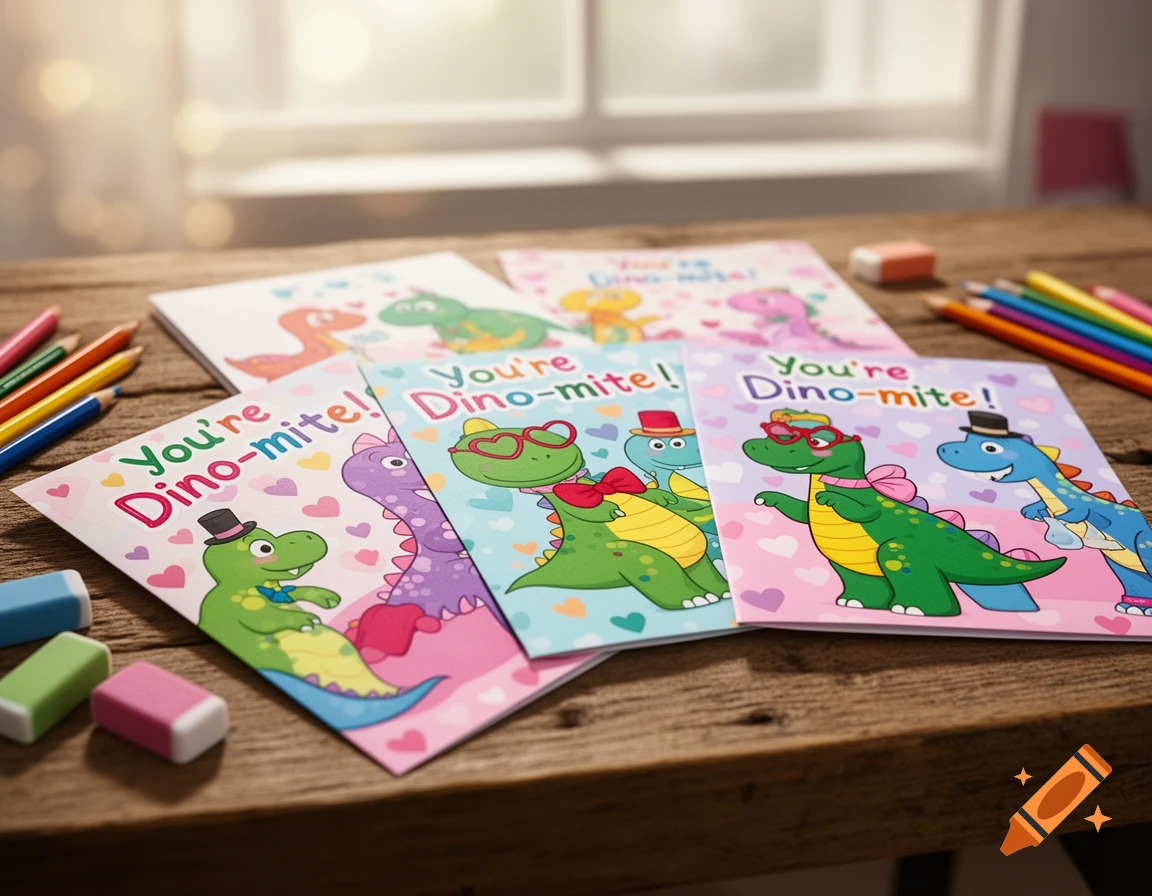 Multiple colorful Valentine's Day cards with cartoon dinosaurs and 'You're Dino-mite!' text on a wooden table with pencils.