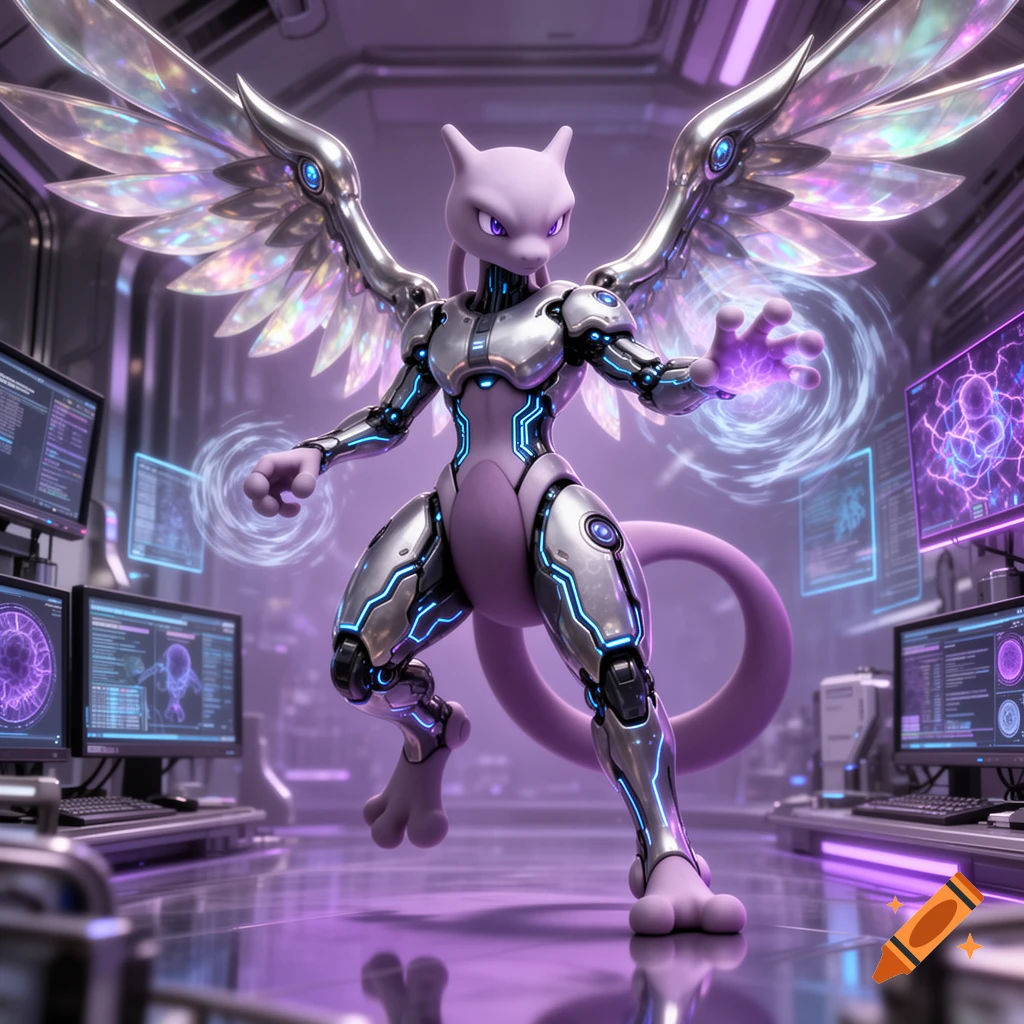 Cybernetic Mewtwo with iridescent wings, glowing accents, and purple energy in a sci-fi laboratory.