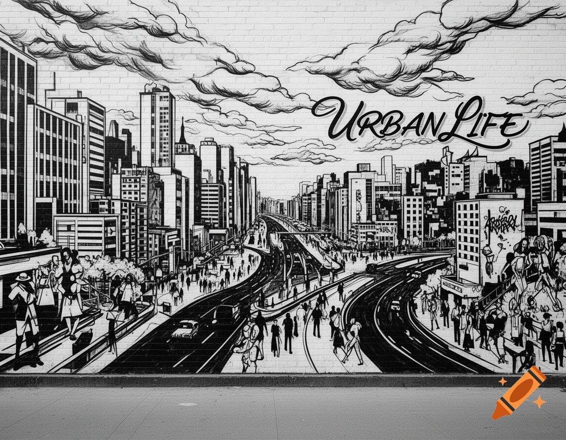 Black and white mural of a city with buildings, roads, people, and stylized clouds, featuring 'URBAN LIFE' text.