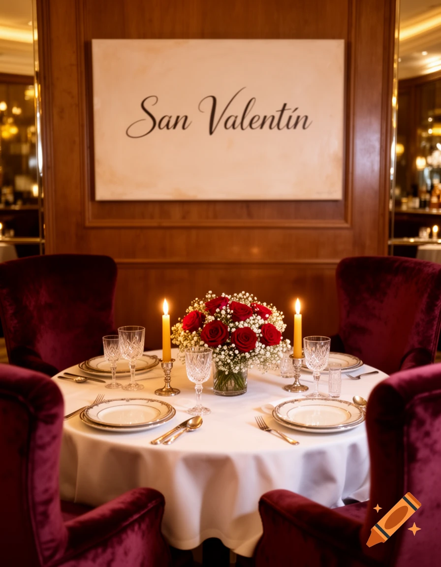 A formal dinner table set for two in a dimly lit restaurant, with red velvet chairs, lit candles, and a centerpiece of red roses and baby's breath. A sign above reads "San Valentín".