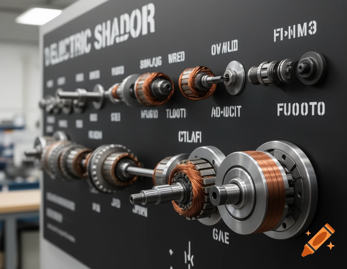 Detailed view of electric motor parts displayed on a black shadow board with various labels.