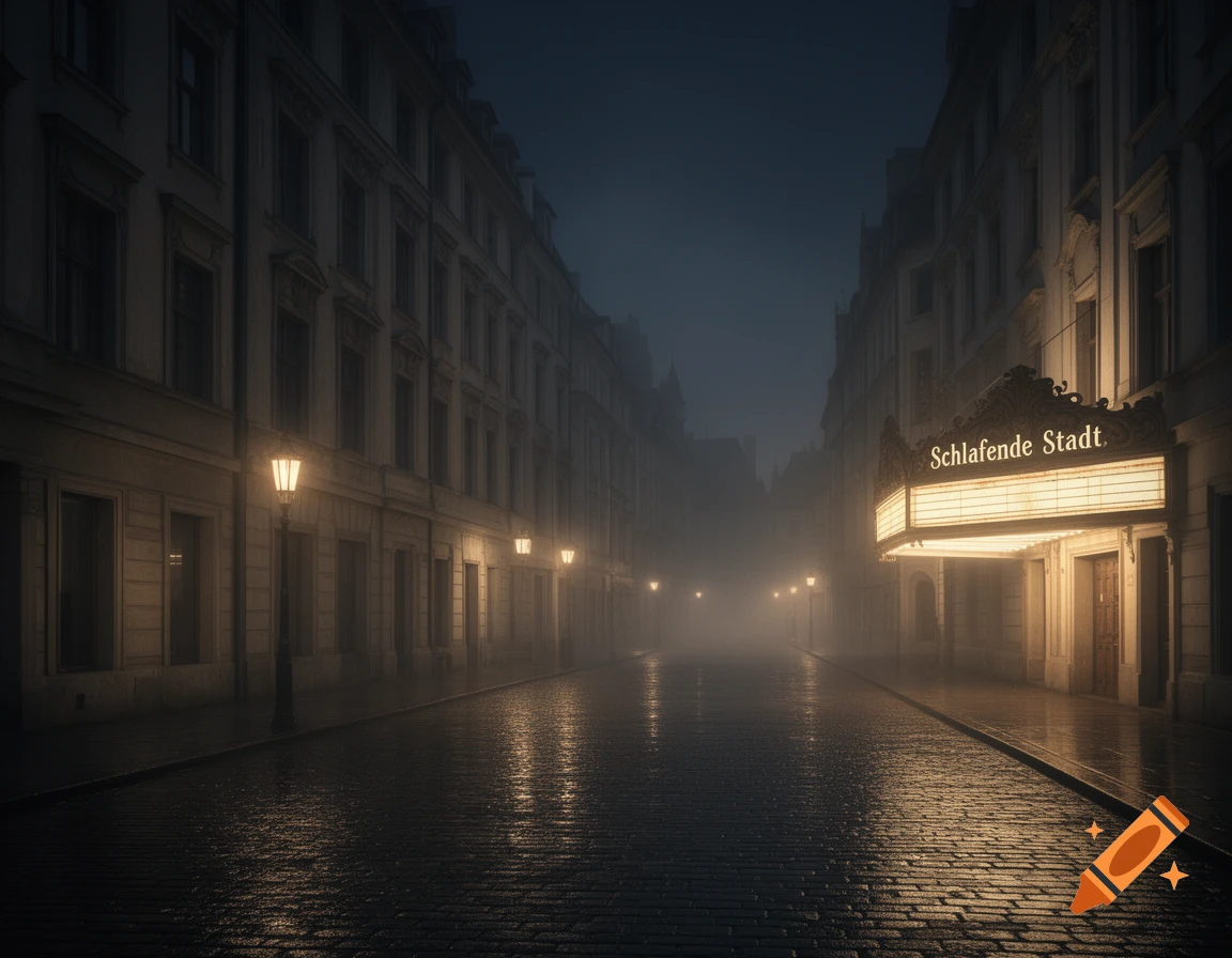 A dark, foggy cobblestone street at night, lined with buildings and glowing streetlights. A theater marquee reads 'Schlafende Stadt'.