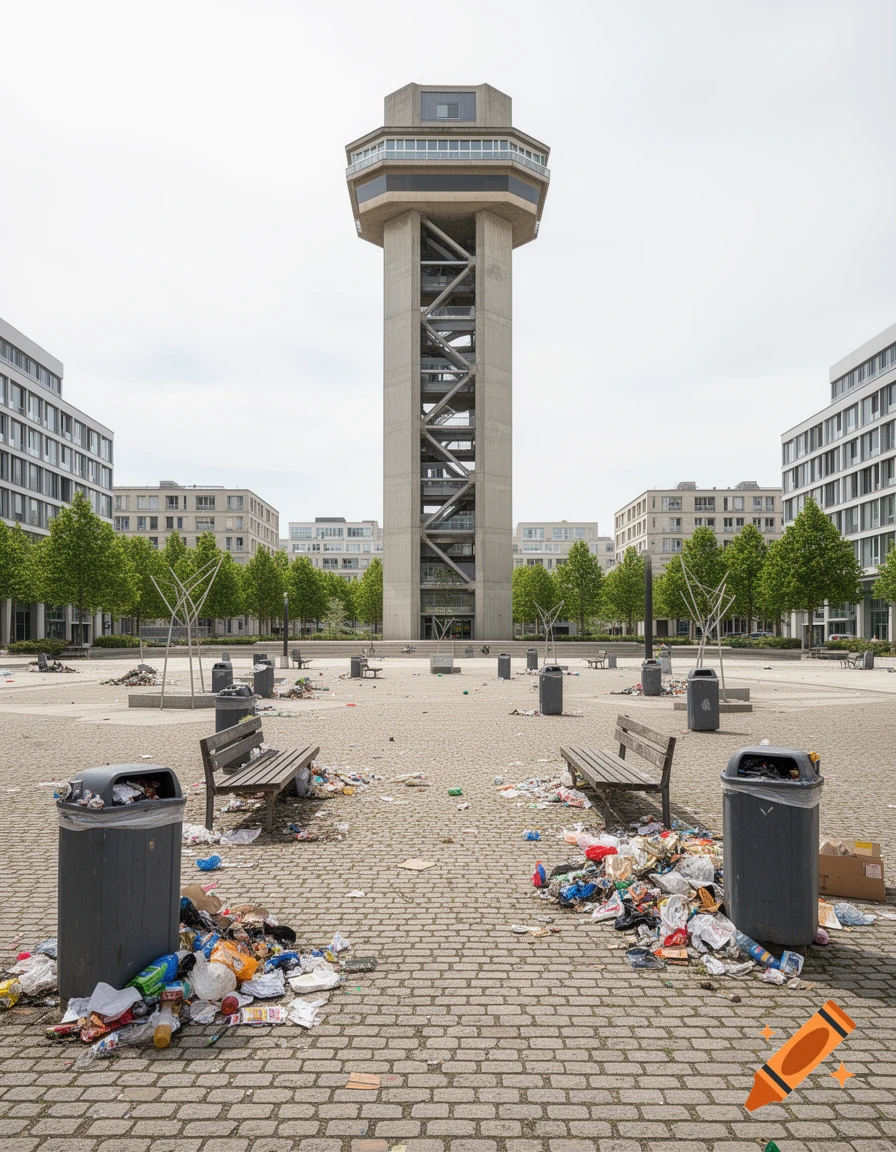 A tall concrete tower in a heavily littered city square, surrounded by modern buildings and trees, under a bright sky.