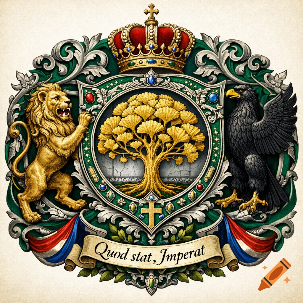 Regal coat of arms featuring a golden ginkgo tree, a lion, an eagle, a crown, and a banner with 'Quod stat, Imperat'.