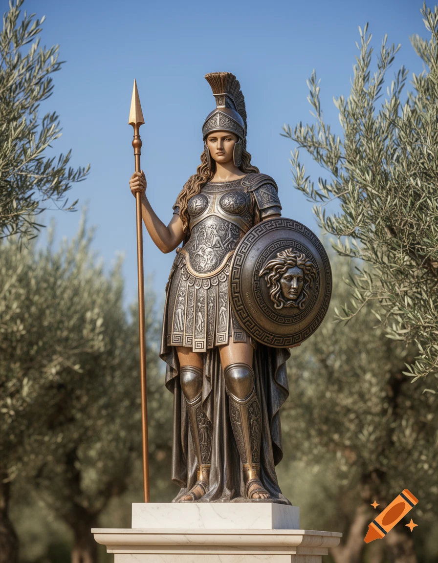 Photorealistic bronze statue of the goddess Athena in full armor, holding a spear and a shield with Medusa's head, standing outdoors among olive trees.