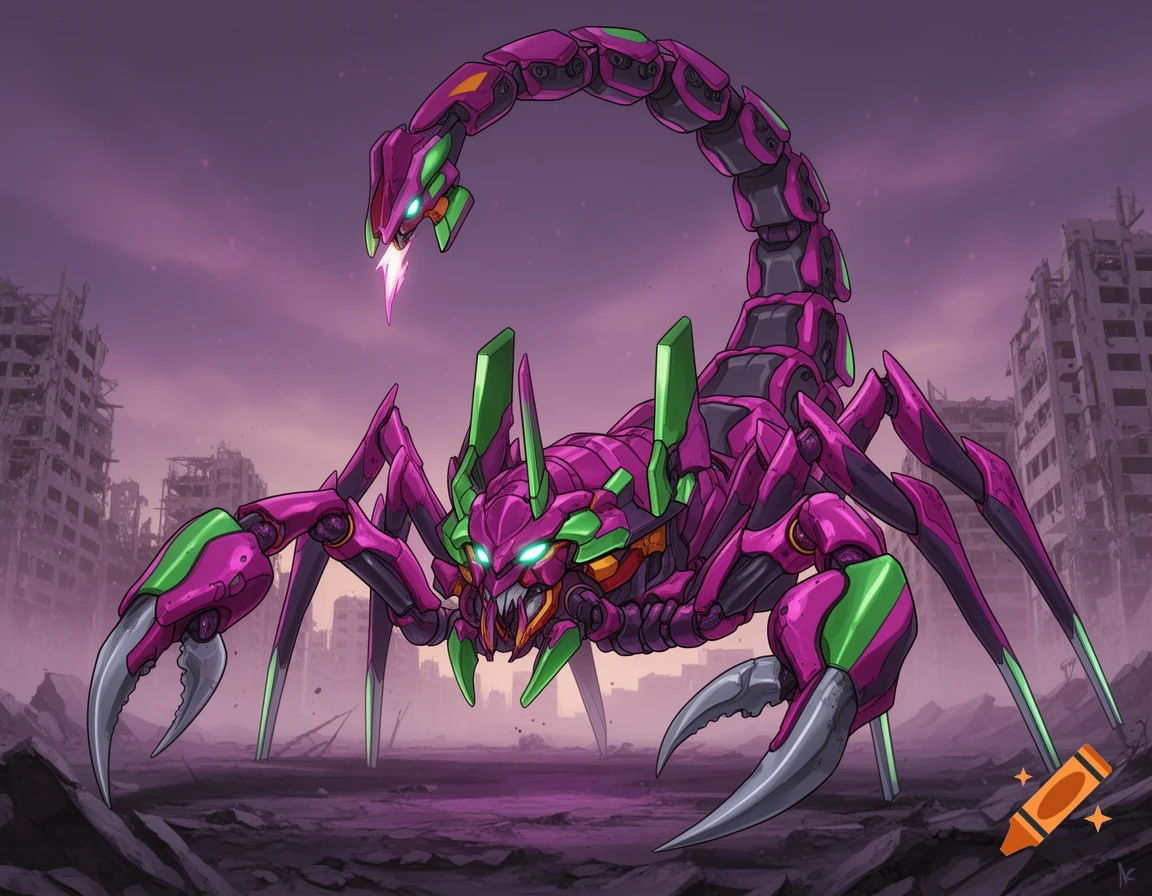 A giant purple and green mechanical scorpion with glowing eyes stands in a ruined city under a purple sky, in an anime style.