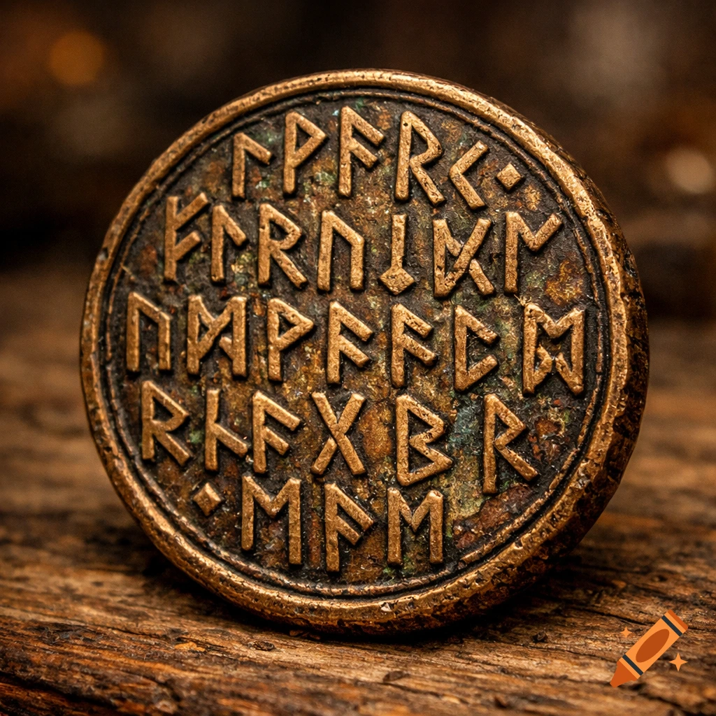 Close-up photorealistic shot of a tarnished round bronze coin with carved runic letters, on a rustic wooden surface.
