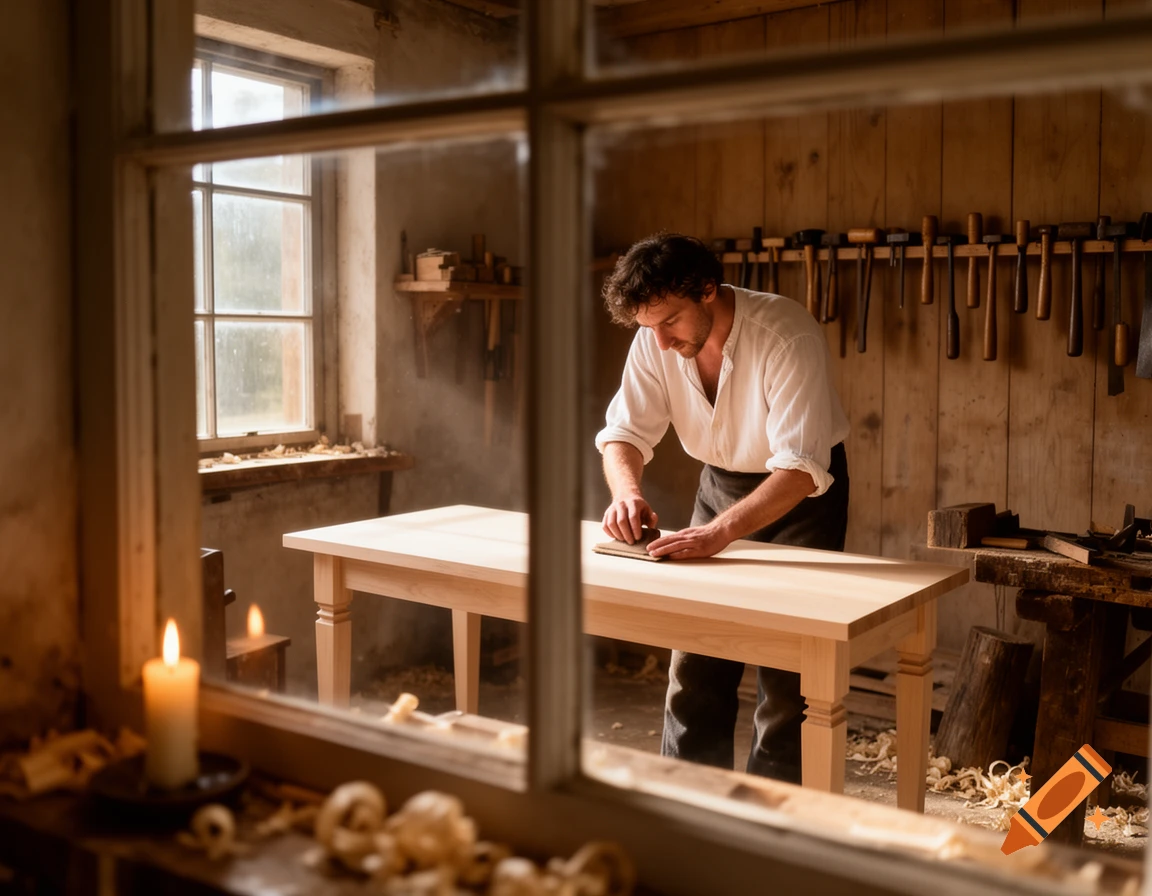 A carpenter works on a light wooden table in a dimly lit 19th-century workshop, viewed through a window with a lit candle in the foreground.