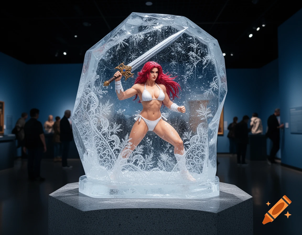 A red-haired swordswoman in a white bikini, frozen inside a large crystal ice block, displayed in a photorealistic museum setting.