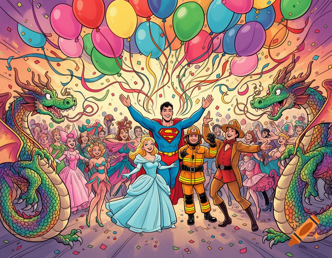 Comic style illustration of a lively carnival with Superman, a princess, a fireman, and two colorful dragons among costumed people, balloons, and confetti.