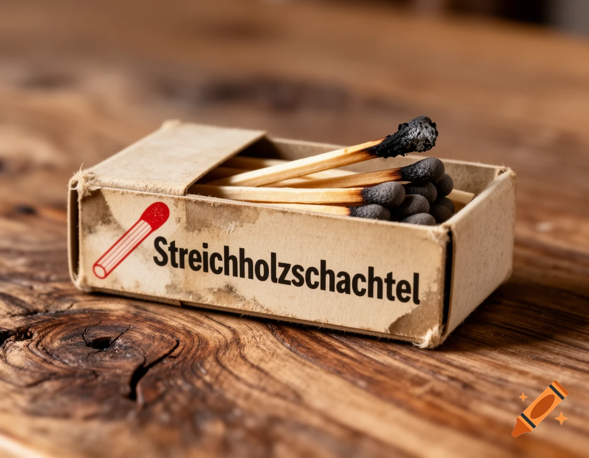 A beige matchbox with the word "Streichholzschachtel" and a matchstick logo, containing new and several burnt matches, sits on a rustic wooden table.