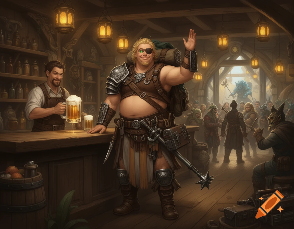 A stout, friendly one-eyed gladiator with blonde hair and a green glowing eye under his patch waves in a bustling fantasy tavern, holding a beer.