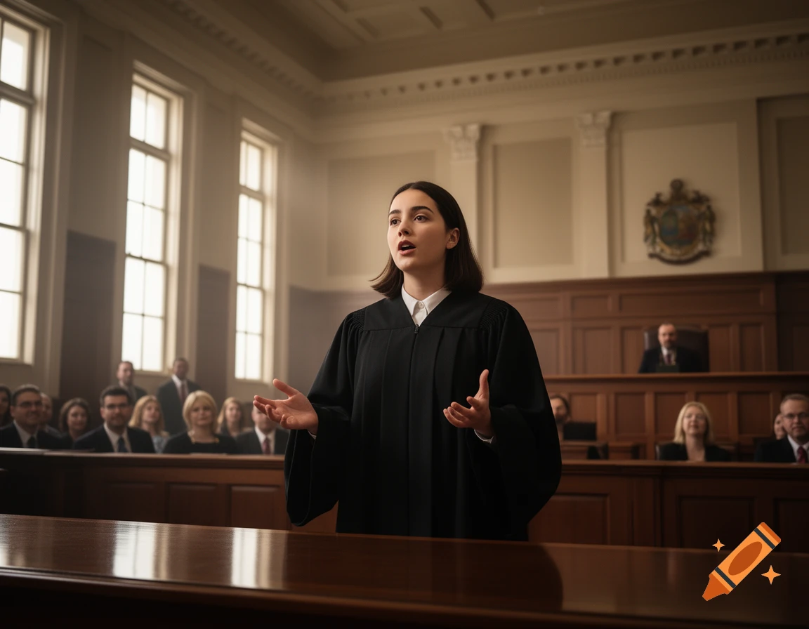A young female lawyer in a black robe speaks in a photorealistic courtroom, with spectators and a judge in the background.