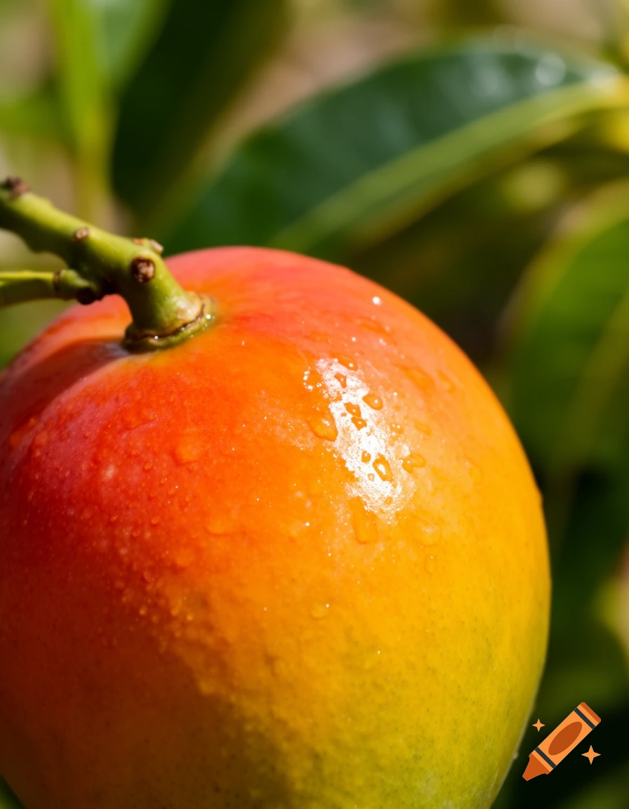 A close-up, photorealistic image of a vibrant red and yellow mango covered in water droplets, still on its branch.