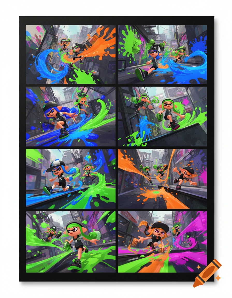 Eight panels depicting colorful Splatoon characters (Inkling/Octoling) in ink battles across urban settings, with vibrant ink splashes.