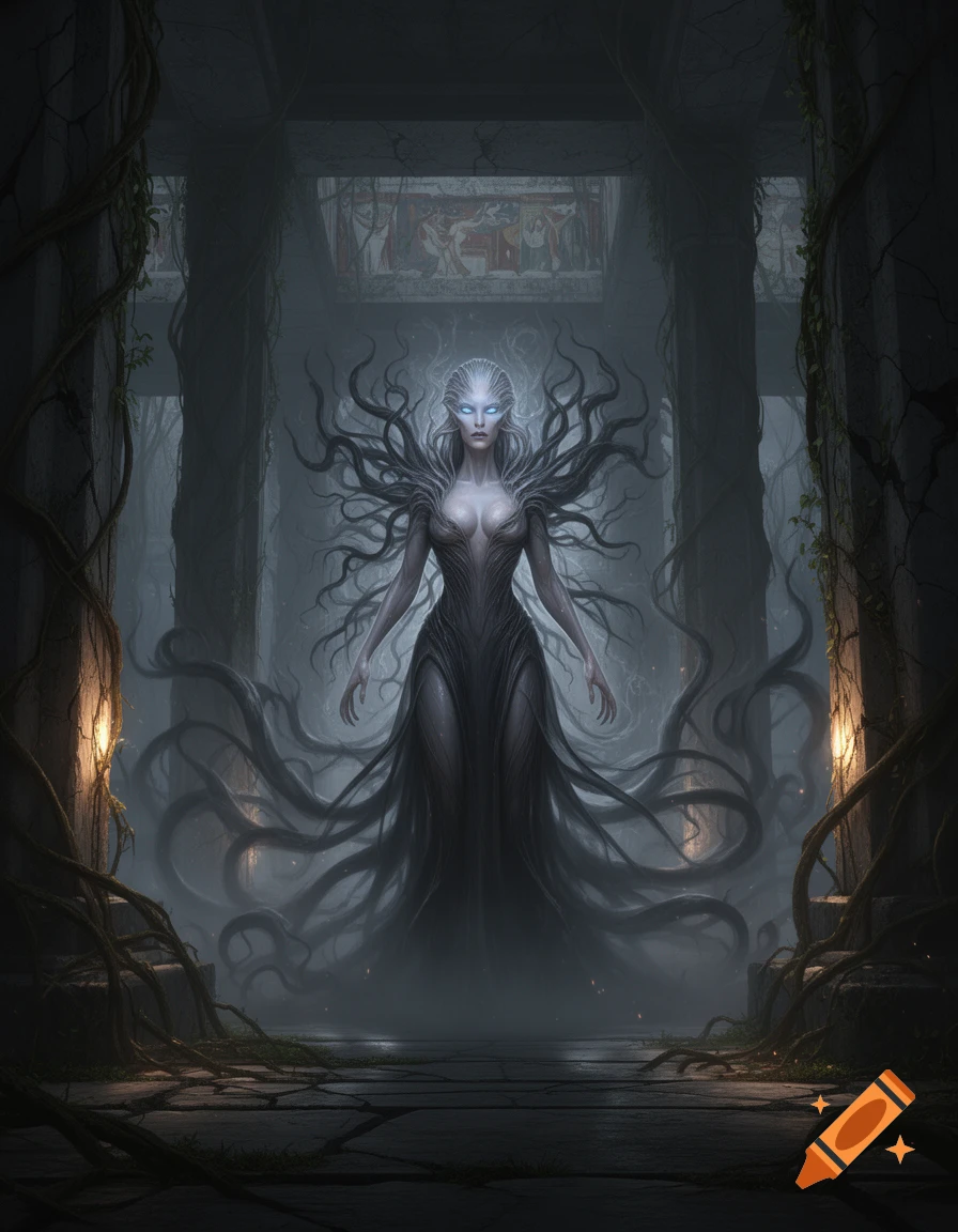 A pale, ethereal female figure with glowing blue eyes and dark ...