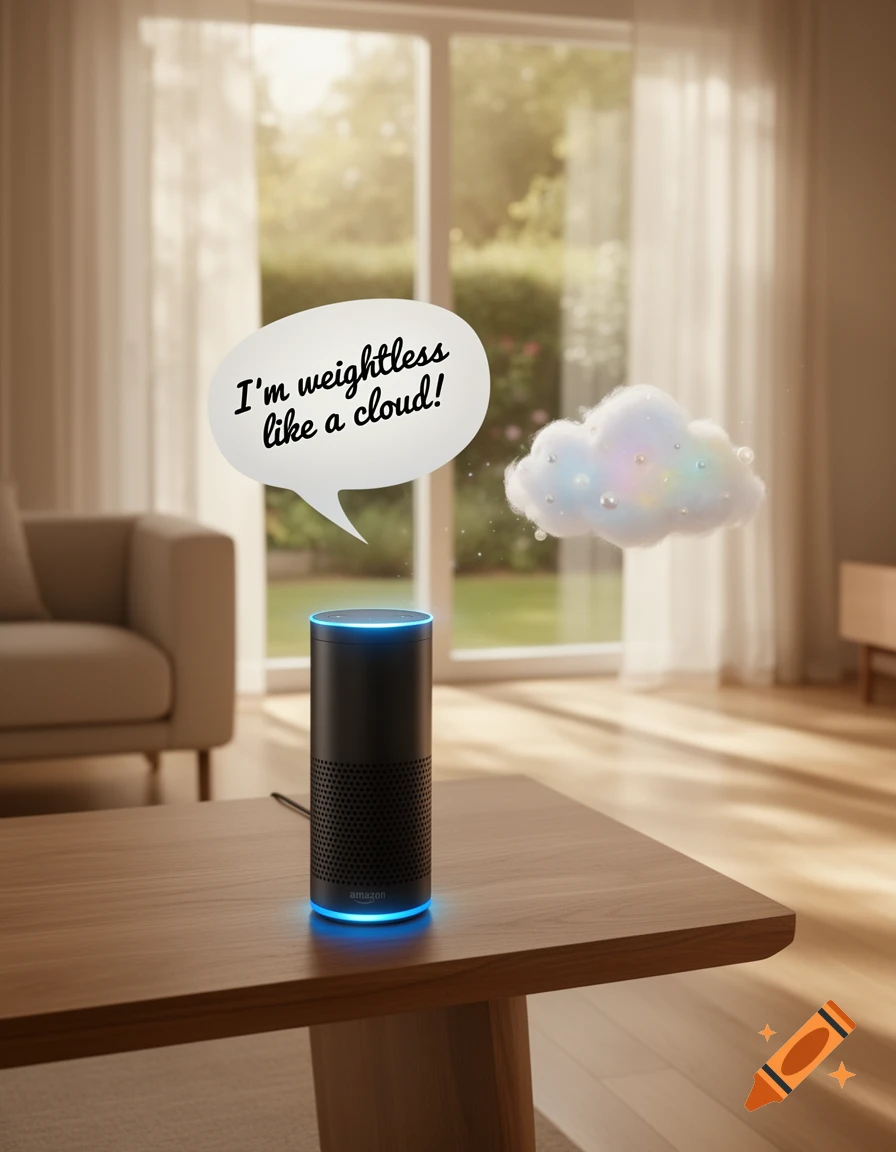 An Amazon Alexa smart speaker on a wooden table, with a speech bubble saying 'I'm weightless like a cloud!' and a fluffy cloud floating above it in a bright room.