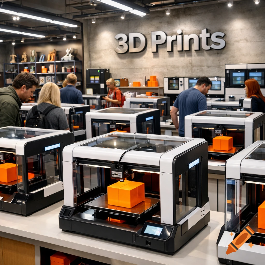 A realistic view of a 3D printing shop with multiple 3D printers actively printing orange cubes, with customers browsing.
