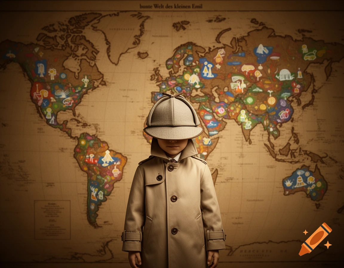 A small child dressed as a detective in a trench coat and hat stands in front of a detailed, illustrated world map.