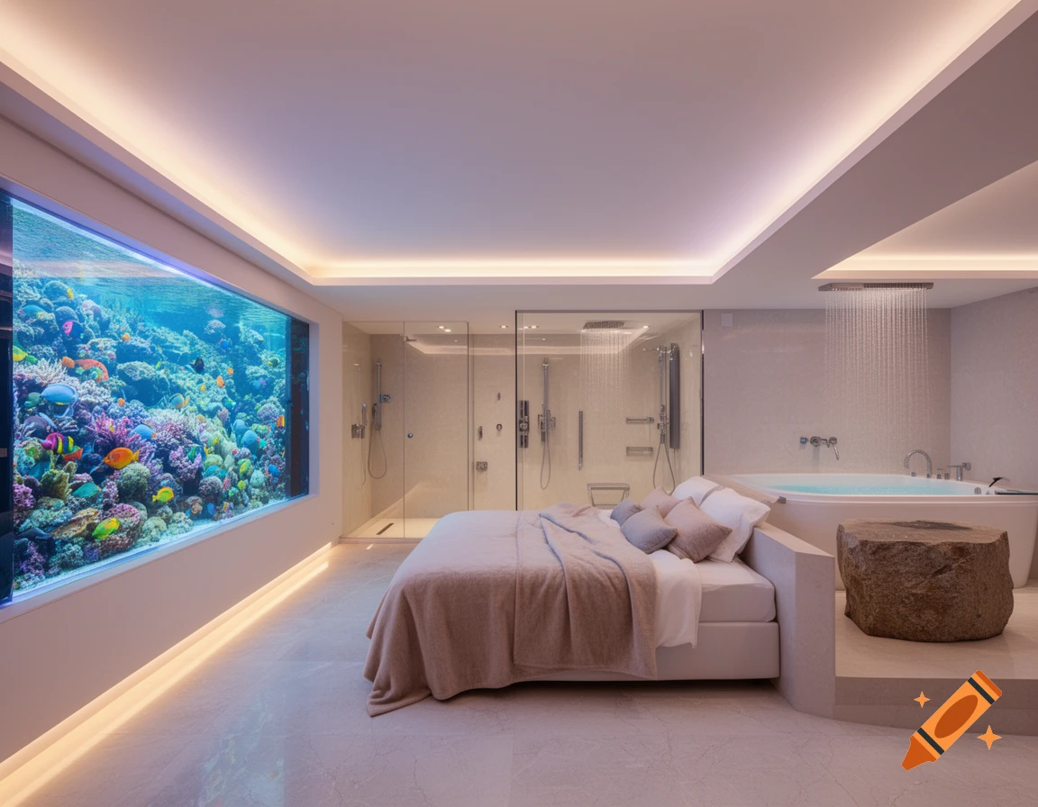 Luxury bedroom with a large wall-sized aquarium filled with colorful fish, a bed with neutral bedding, a glass-enclosed shower, and a freestanding bathtub with a rainfall showerhead.