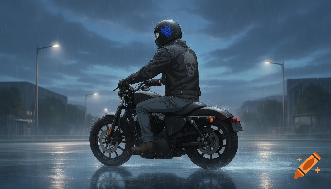 Anime-realism illustration of a man on a black motorcycle riding in the rain at night, streetlights reflecting on wet asphalt.